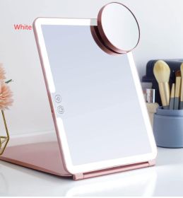 Large Cosmetic Mirror With Light Portable Make-up Rechargeable Folding Makeup (Option: White-L and magnifying glass)